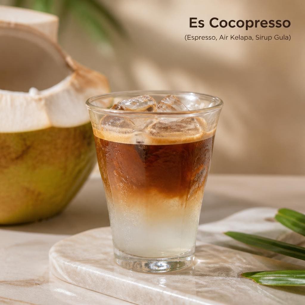 Es Cocopresso Kopi Ruang Hati dengan espresso air kelapa dan sirup gula